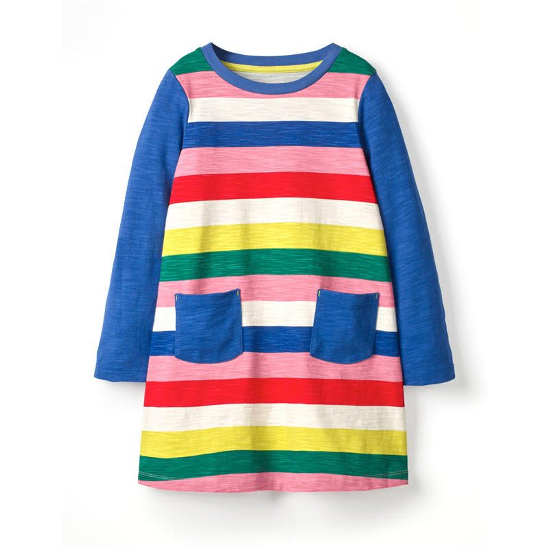 QY018 Wholesale Autumn Apparel Children Frock Designs O-Neck Colorful Pocket Cotton Casual Long Sleeve Fall Winter Girl Stripes Dress