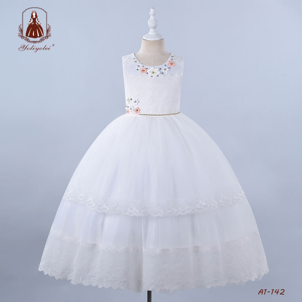 A1-142 Free Sample Summer Children Clothes White Lace Long Daisy Flower Girl Toddler Princess Party Dress With Diamond