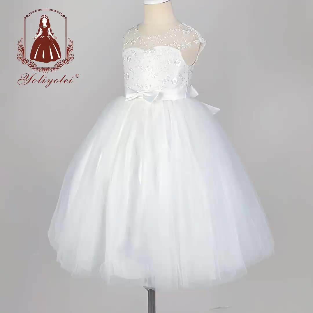 KE07 Semi-Perspective Top Embroidered Flower Party Wear Princess White Kids Bridesmaid Wedding Dress For Girl