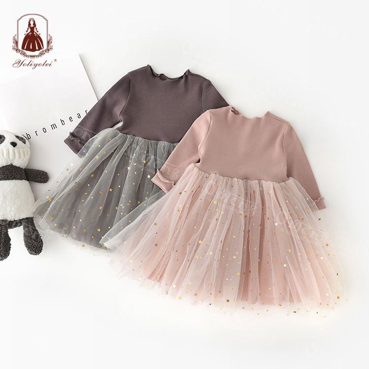 D020 Yoliyolei Child Clothes Baby Ruffle Sleeve Sweet Casual Wholesale Knitted Glitter Star Tulle Girl Children Dresses