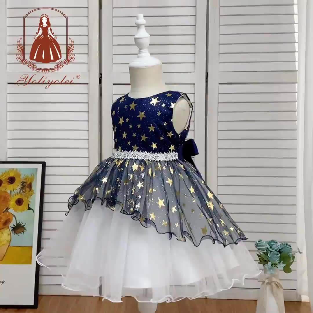 B4-941 Yoliyolei 0-2y Star Pattern Bling Black White Girl Formal Party Wear Baby Dress For Kids