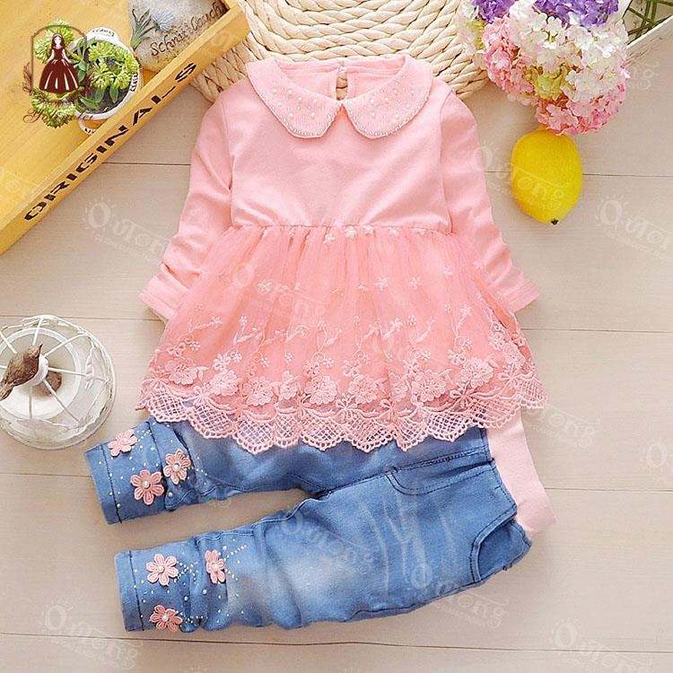 OC003 Children Wear Clothing Demin Coat Pants Kids Girls Clothes Sets For Winter