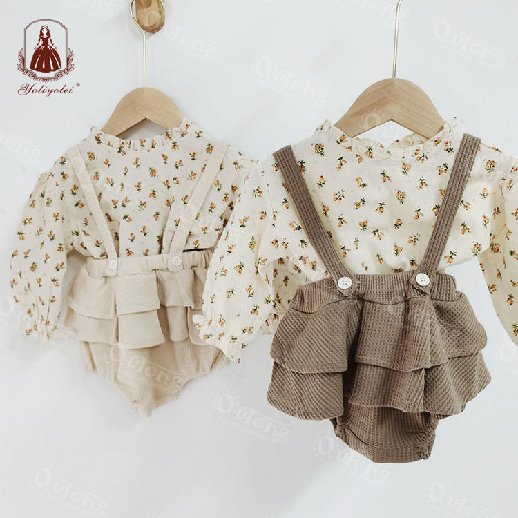 B006 Yoliyolei Kids Clothing Petal Neck Printed Long Sleeve Top Ruffle Suspender Ruffle Romper Girl Baby Girl Romper Clothing Set