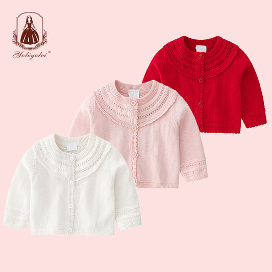 sw005 Wholesale Embroidery Children Clothing Hollow Out Collar Solid Color Knitted Plain Baby Girls Sweaters Cardigan With Button