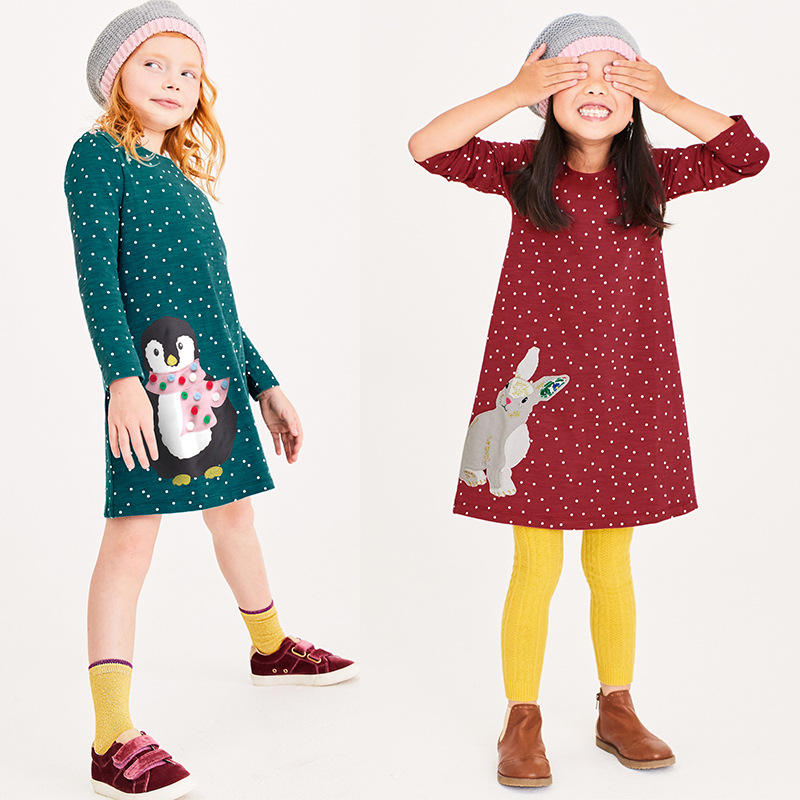 QY022 Wholesale Kaftan a-Line Winter Carton Printed Long Sleeve Christmas Dot Girl Dresses For Kids