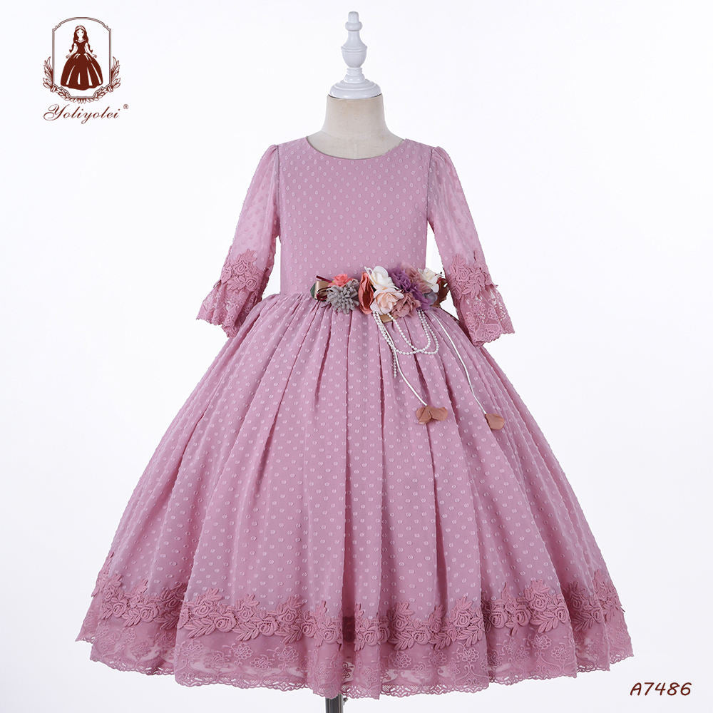 A7486 Fashion Half Sleeve Girl, Fluffy Dress Dot Solid Flower Lace Skirt Pleated Pageant Purple Party Wear Gown For Kid