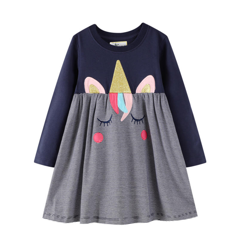 QY005 Navy A-line Fiream Cotton Longsleeve Casual Applique Cartoon Cute Winter Toddler Girls Dresses