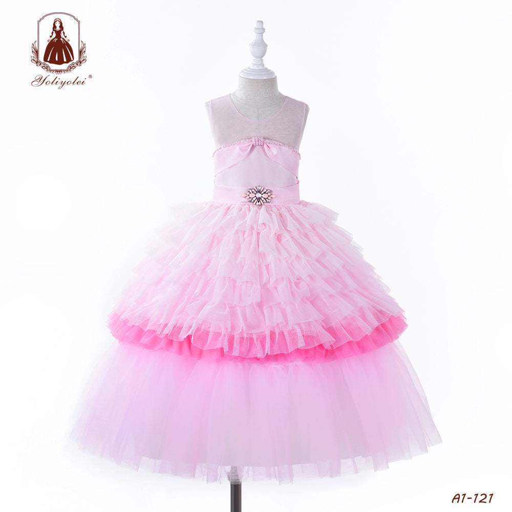 A1-121 Kids Wear Floor Length Long Princess Party Frock Beading Blush Pink Cake Tutu Girl Dress With Ball Gown Design