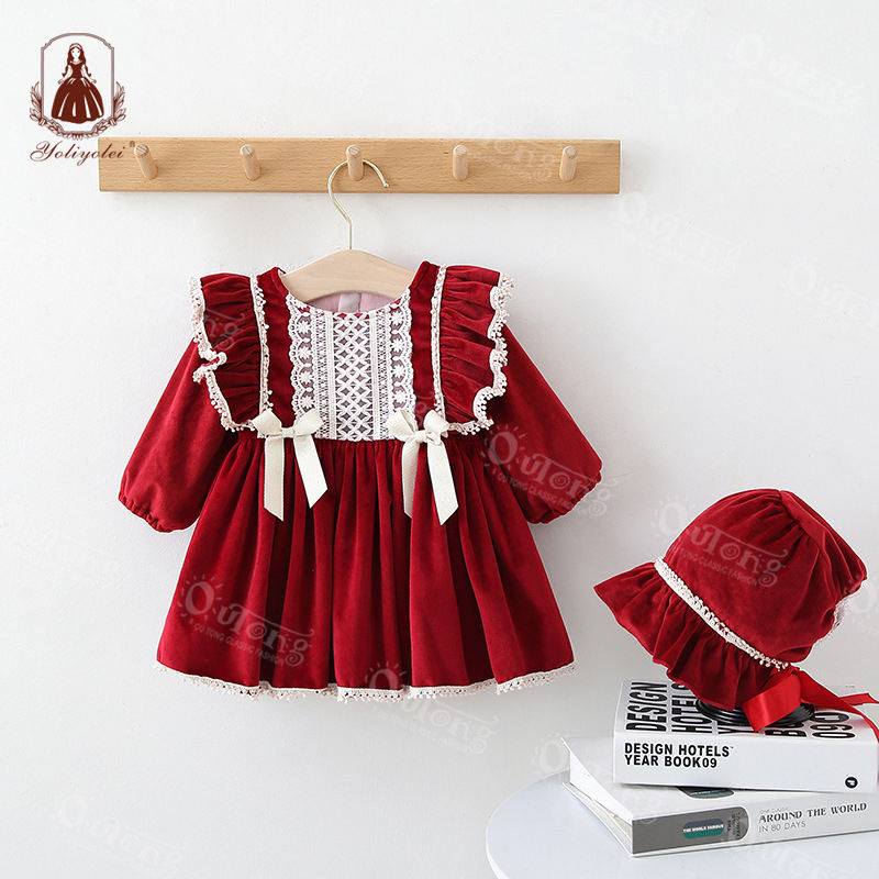 E011 Yoliyolei Wholesale Girl Clothing Baby Toddler Girl Lace Lolita Pleated Dress Summer Birthday Children Dresses With Two Bow