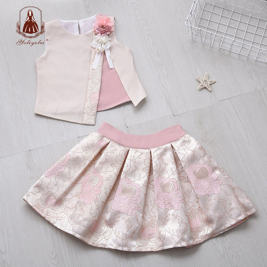 W8285 Wholesale OEM&ODM Pink Children Clothing Flower Top Pattern Printed Skirt Kid Outfits Clothing Set For Girl