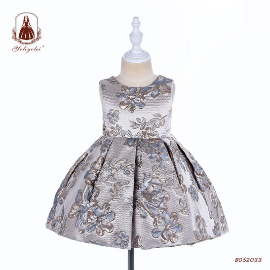 BOS2033 Wholesalers Princess Sweet Sleeveless Crew Neck Block Printed Gray Party Baby Girl Dresses