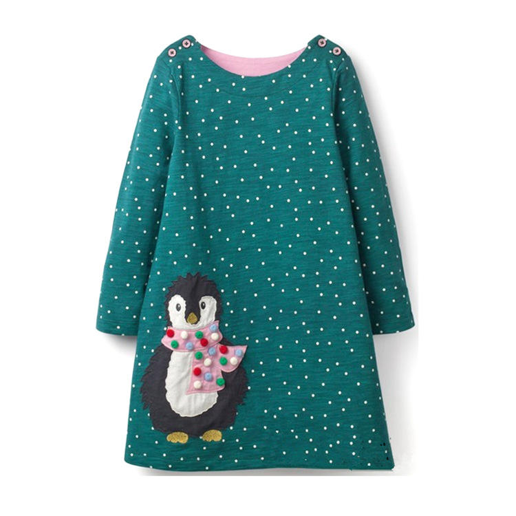 QY022 Wholesale Kaftan a-Line Winter Carton Printed Long Sleeve Christmas Dot Girl Dresses For Kids