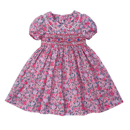 SM002 Embroidered Children Daily Life Wearing Beautiful Flowers Pattern Blue Smoked Dress For Girl 3-7 Years