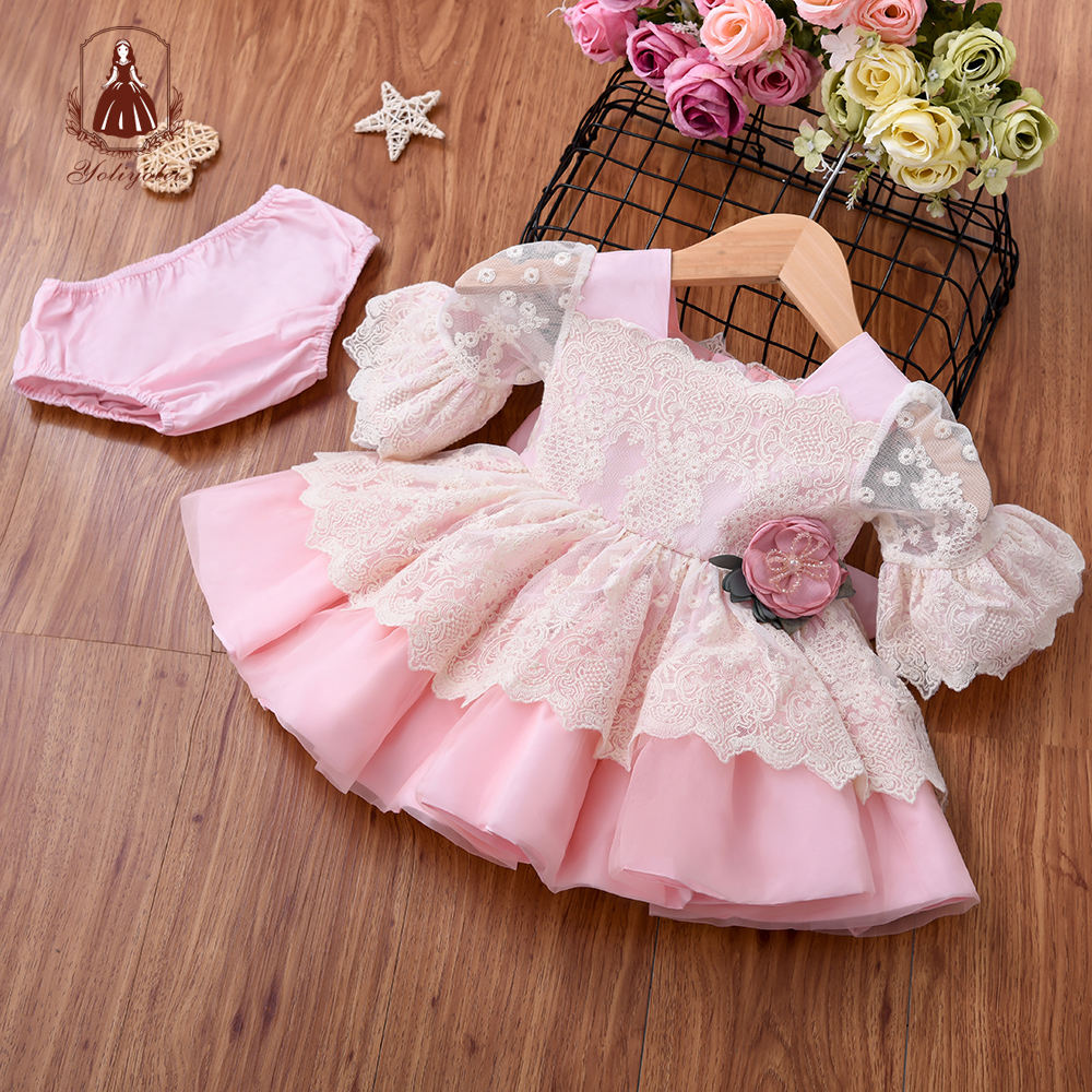 DK106 Children Birthday Wear Pink Half Sleeve Cotton Baby Infant Princess Kids Outfits Lace Girl Spanish Dress With Bloomer