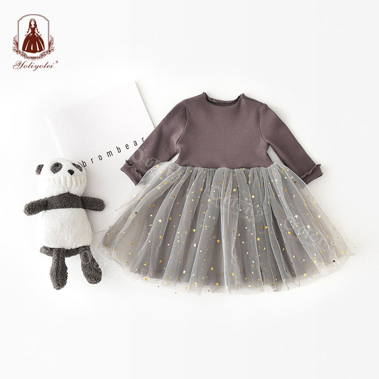 D020 Yoliyolei Child Clothes Baby Ruffle Sleeve Sweet Casual Wholesale Knitted Glitter Star Tulle Girl Children Dresses