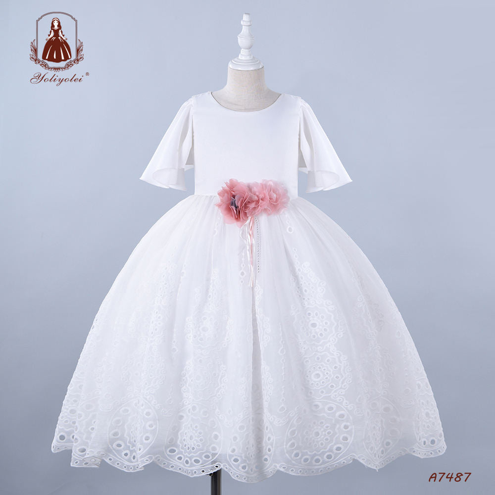 A7487 Yoliyolei Spring Summer Girls Clothing Petal Sleeve Wedding Night Party White Lace Girl Dress With Pink Flower