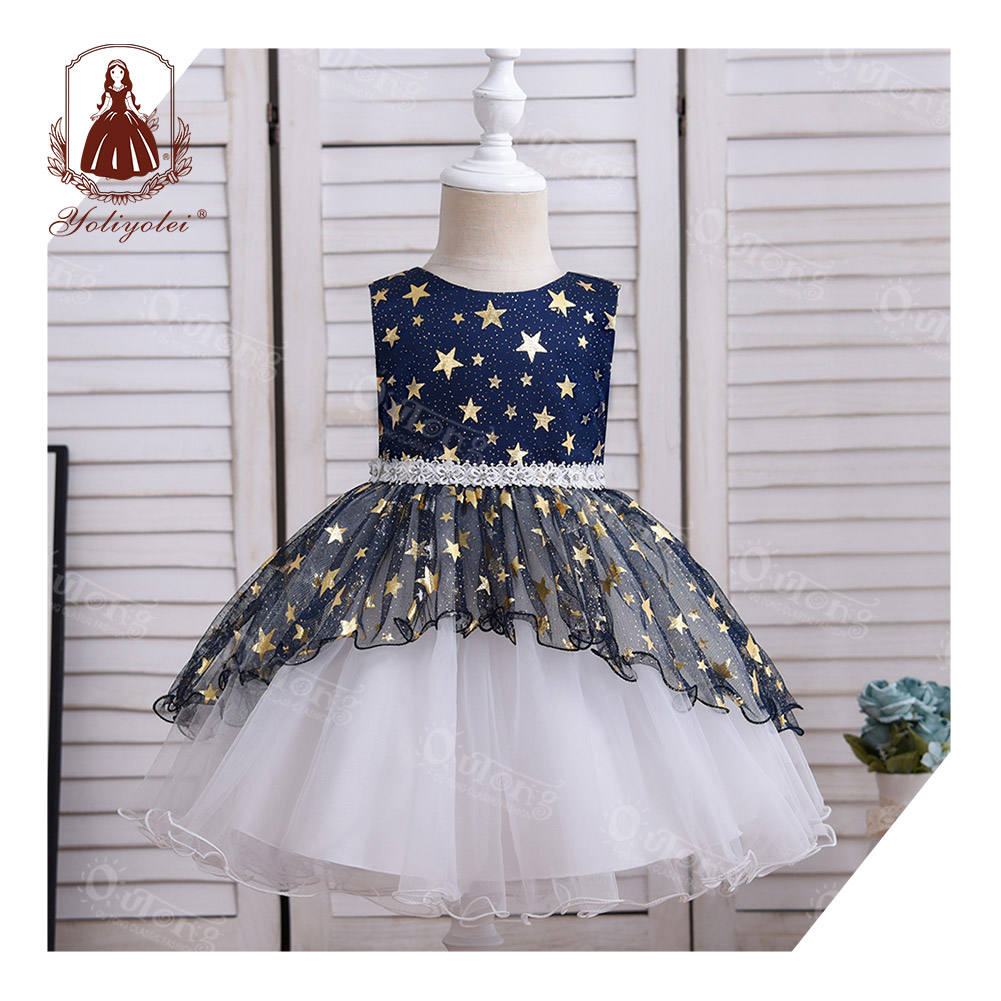 B4-941 Yoliyolei 0-2y Star Pattern Bling Black White Girl Formal Party Wear Baby Dress For Kids