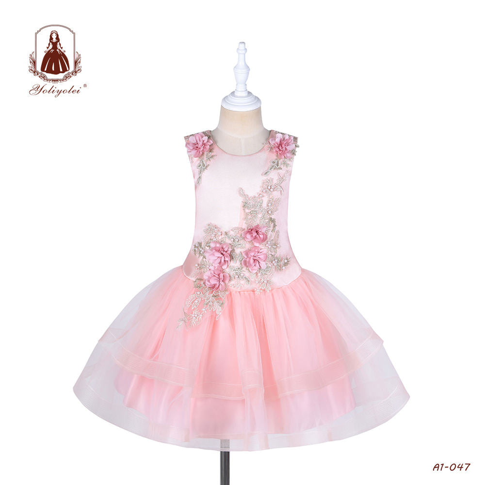 A1-047 African Dress Children Party Wear Applique Formal Pink Girls Ball Gown Flower Girls Dress For Kids