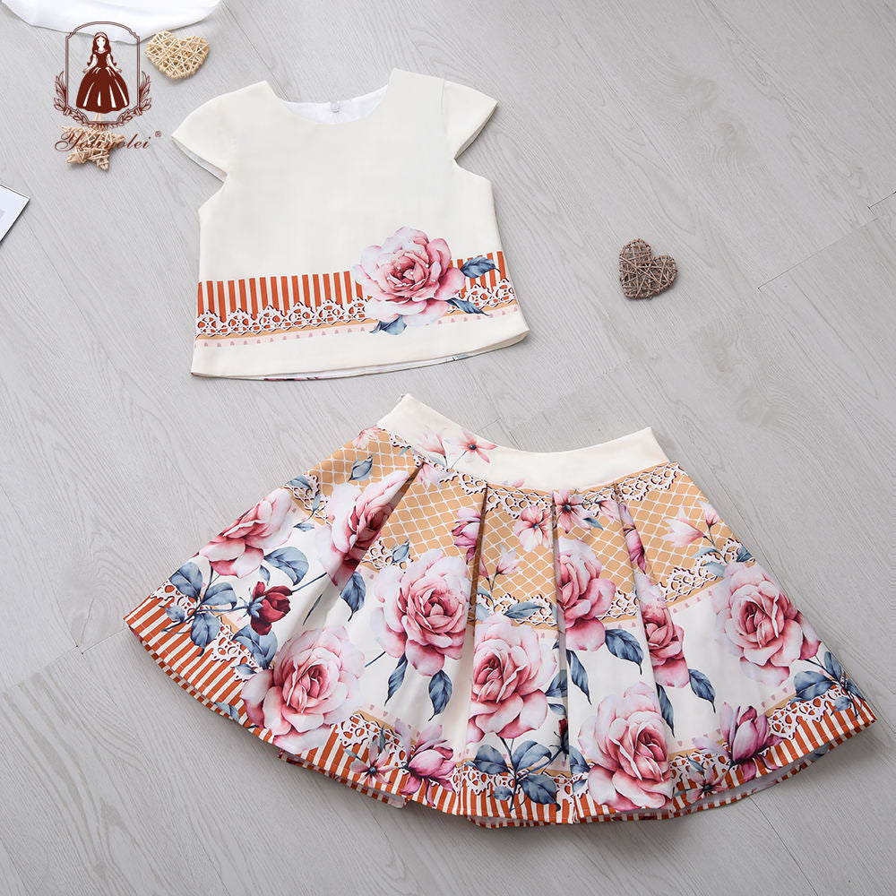 W8325 Summer New Beige Short Sleeve Summer Kids Clothing Casual Girl Outfits Top + Skirt Flower Printed Clothing Sets For Girl