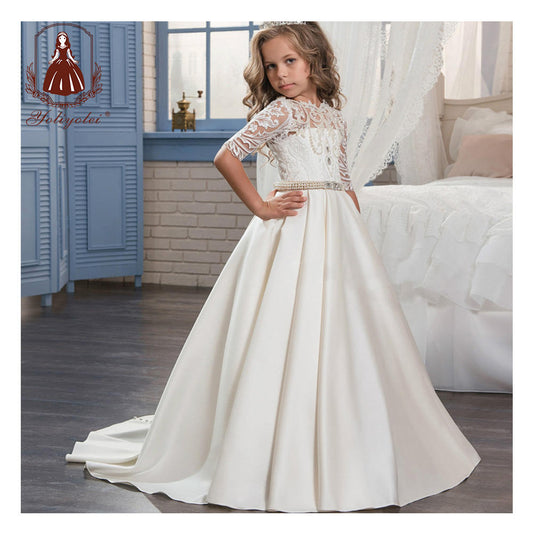 WH001 Wholesale 4-12 Years Long Evening Ball Gown White Lace Kids Bridesmaid Girl Communion Dress Flower Girl Dress For Wedding