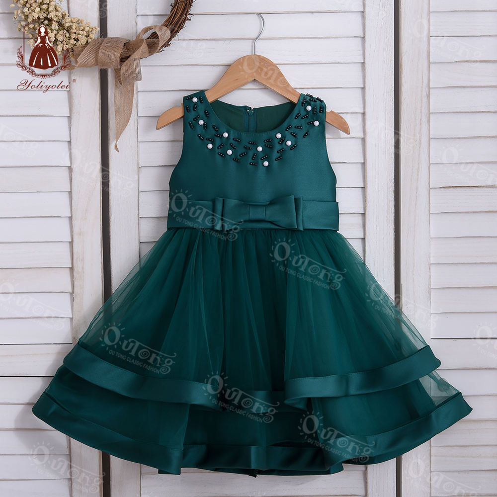 G0001 Teenage New Stylish Sleeveless Ball Gown Party Dress Evening Green Layered Girls Children Dresses For 3-5 Year Old Girl