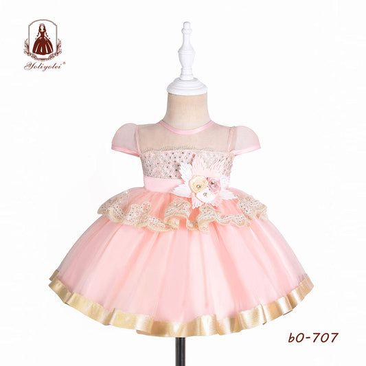 BO-707 Yoliolei Wholesalers Princess Sweet Short Sleeve Crew Neck Layered Pink Party Baby Girl Dresses