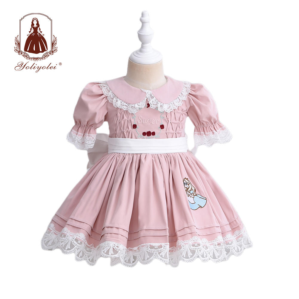 DK102 Kids Clothing Summer Girls Dress Lolita Design Short Sleeve Pink Cute Cartoon Toddler Baby Spanish Dress With Bloomer