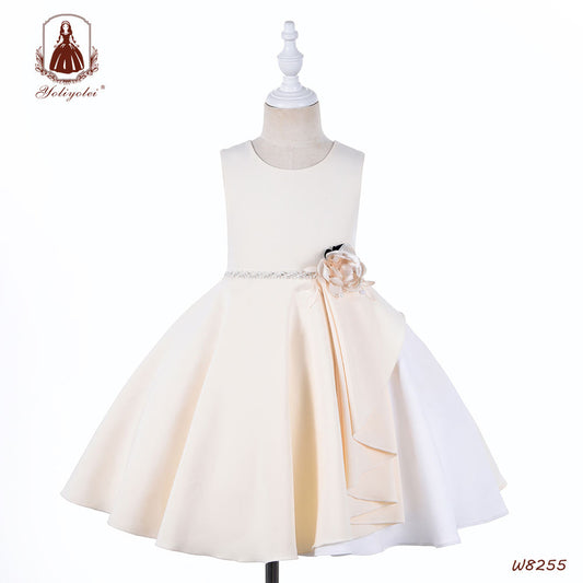 W8255 One Piece Wholesale Sleeveless Light Champagne Fashion Latest Design Pleated Patchwork Flower Girl Dress With Solid Flower