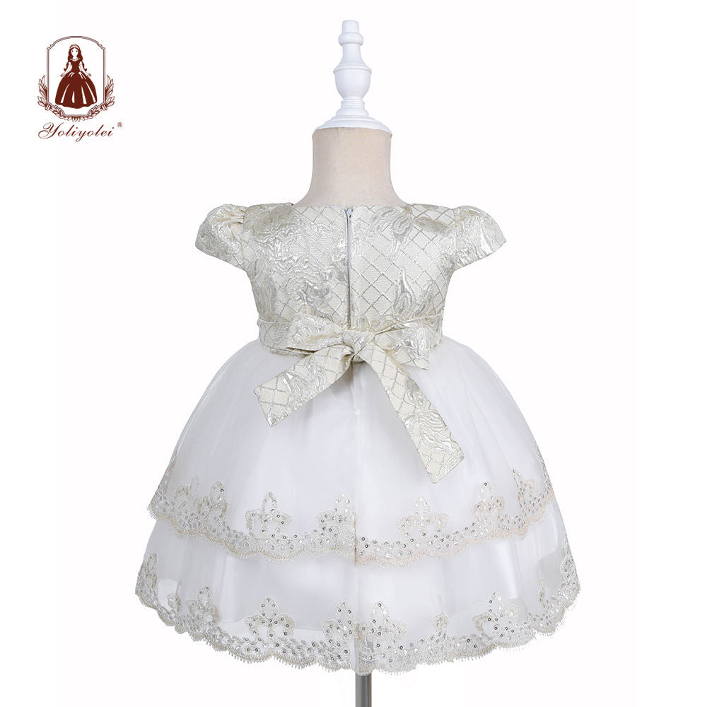 B0-2163 Baby Cheap Wholesalers Princess Sweet Short Sleeve Crew Neck Layered White Party Baby Girl Dresses