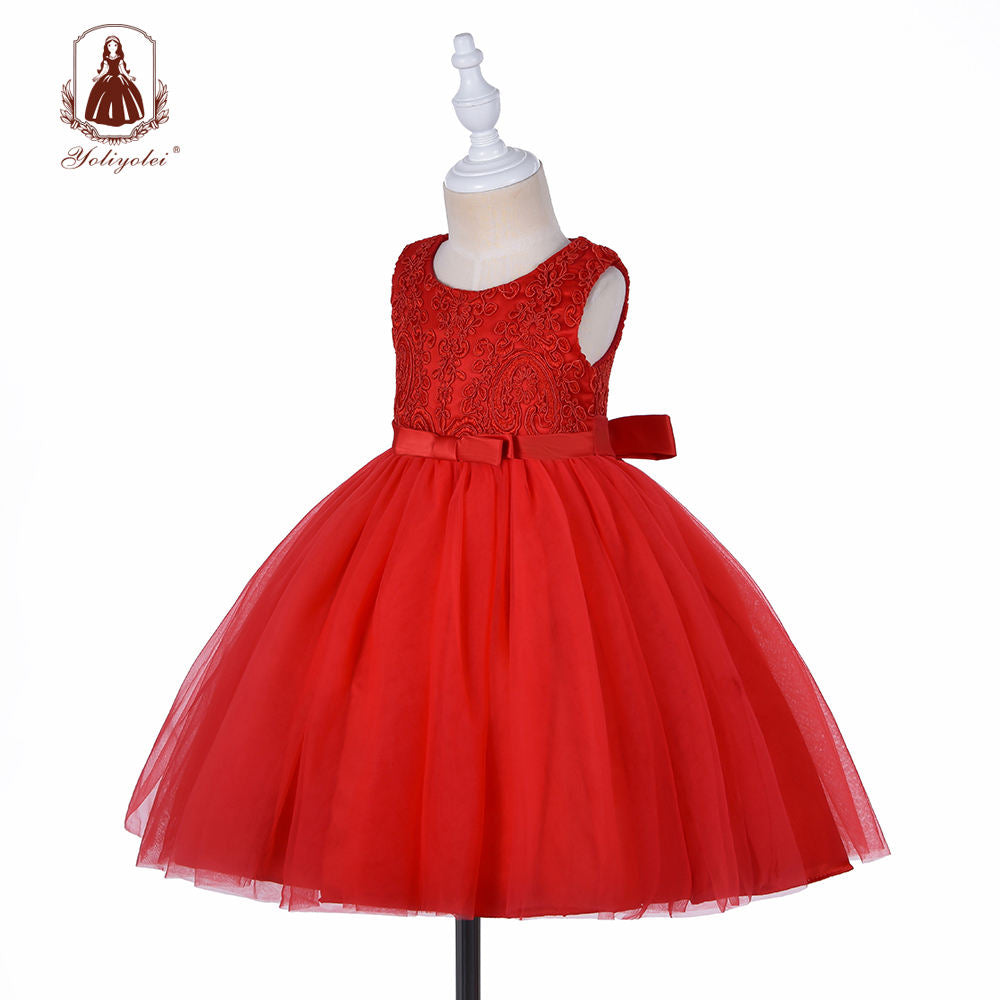 BK356 Wholesale Embroidery Top Ball Gown Bow Belt Boutique Children Wear Rose Red Long Toddler Frock Dress For Girl