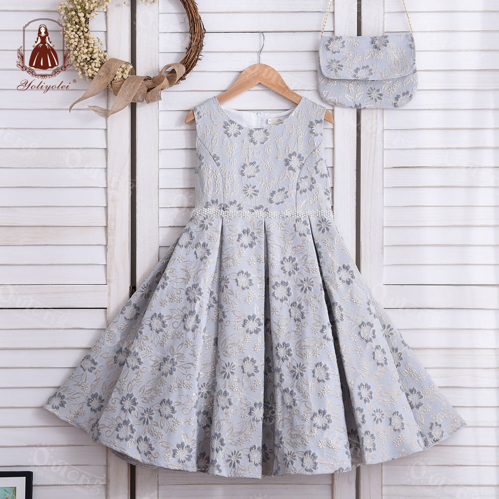 S2349 Cheap Wholesale Summer s2349 Gray White Pink Sleeveless Kids Party Dress Design Solid Girl Jacquard Dress With a Bag