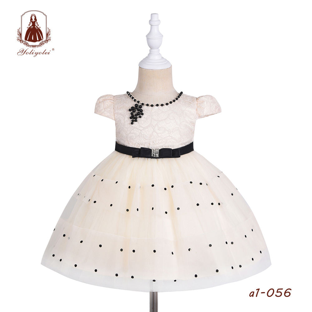 A1-056 Wholesalers Fashion Beaded Bow Short Sleeve 0-2 Years Champagne Party Girls Dresses