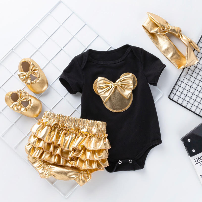 pp001 Mikey Summer Short Gold Baby Girl's Pajama Romper Jumpsuit Onesie Party Baby Wear Cotton Newborn Baby Romper Clothes