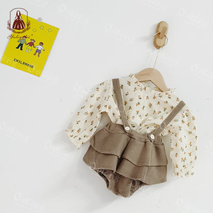 B006 Yoliyolei Kids Clothing Petal Neck Printed Long Sleeve Top Ruffle Suspender Ruffle Romper Girl Baby Girl Romper Clothing Set