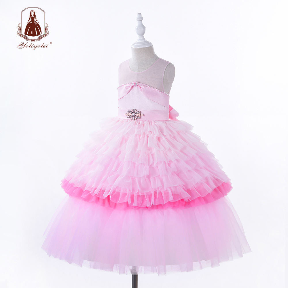 A1-121 Kids Wear Floor Length Long Princess Party Frock Beading Blush Pink Cake Tutu Girl Dress With Ball Gown Design