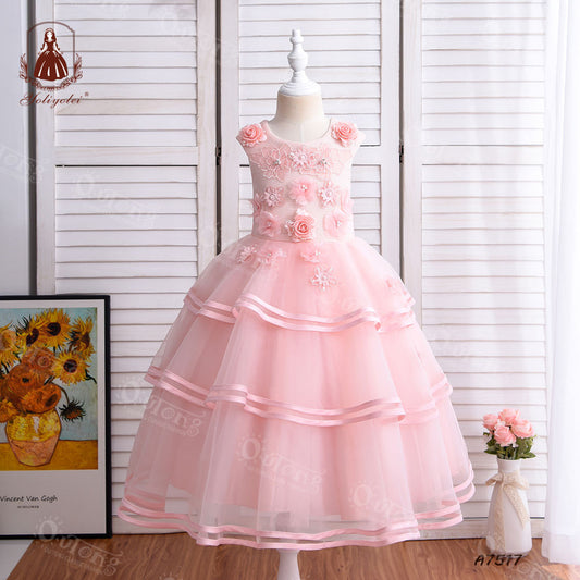 A7517 Formal Children Dress Sleeveless Fashion a-Line Applique Tulle Flower Girl Party Dresses For 4-12 Years Girls