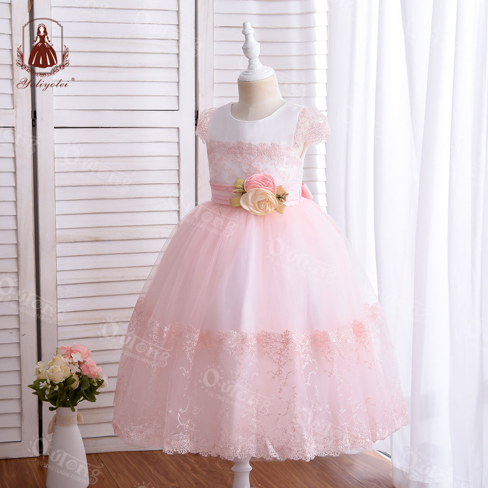 A7150 New Wholesale Long Children Dresses Elegant Party White Lace Flower Girl Prom Dress For Kid