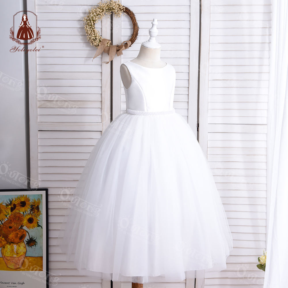 KE02 Summer Wholesale 4-12 Years Flower Girl Dress White Princess Gown Plain Girl Dresses For Wedding