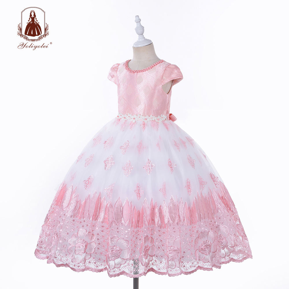 A1-035 Yoliyolei Spring Summer Girl Princess Party Dress Pink Short Sleeve Beading Lace Long Frock Wedding Kids Gown Dress For Girl