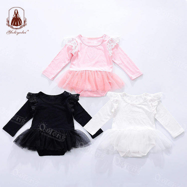 D0056 Winter And Autumn Long Full Sleeve Lace Yarn Button 100% Cotton Baby Girls Romper For Kids 1-5 Years