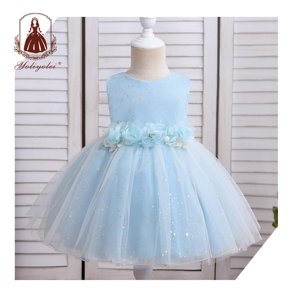 B0-2369 NewBorn Infant Dress Blue Plain Dyed Fluffy Tulle Kids Flower Girl Dresses Baby Girl Ball Gown