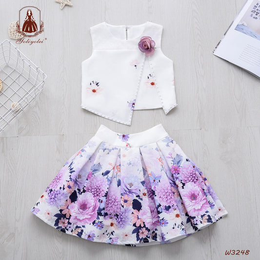 W3248 Yoliyolei Solid Flower New Arrival Flower Printed Top&Skirt Children Cloth Pattern Girl Outfits Sets