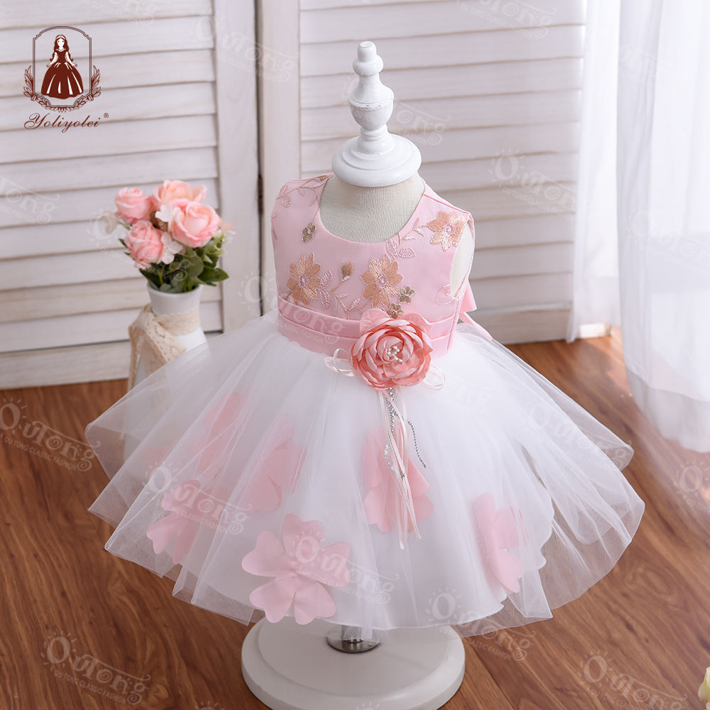 B4-614 Yoliyolei Flower Children Party Wear Princess Gown Embroidered Baby Birthday Girl Dresses For Kids 0-2 Years