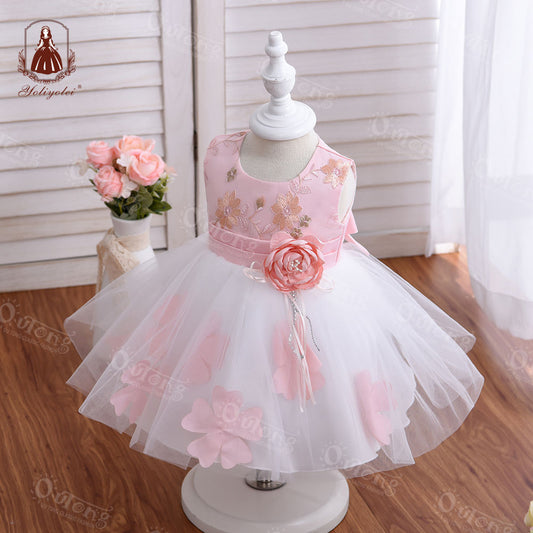 B4-614 Yoliyolei Flower Children Party Wear Princess Gown Embroidered Baby Birthday Girl Dresses For Kids 0-2 Years