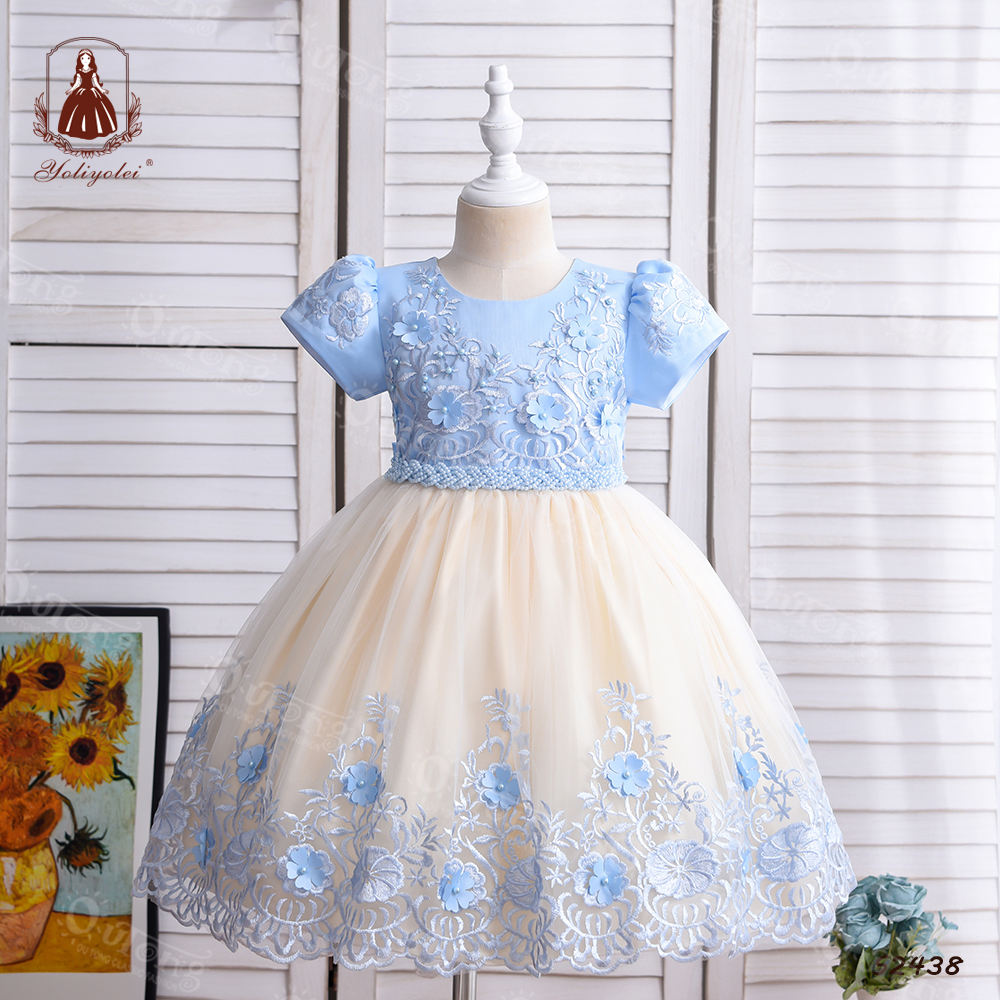 S2438 Girls Clothing Light Blue Champagne Patchwork Color Short Sleeve Party Wear Dress Applique Embroidered Flower Girl Dresses