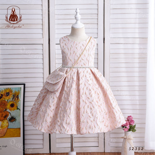 S2352 Cheap Wholesale S2352 Pink Children Party Dress Design Beading Solid African Kids Jacquard Dress For Girls