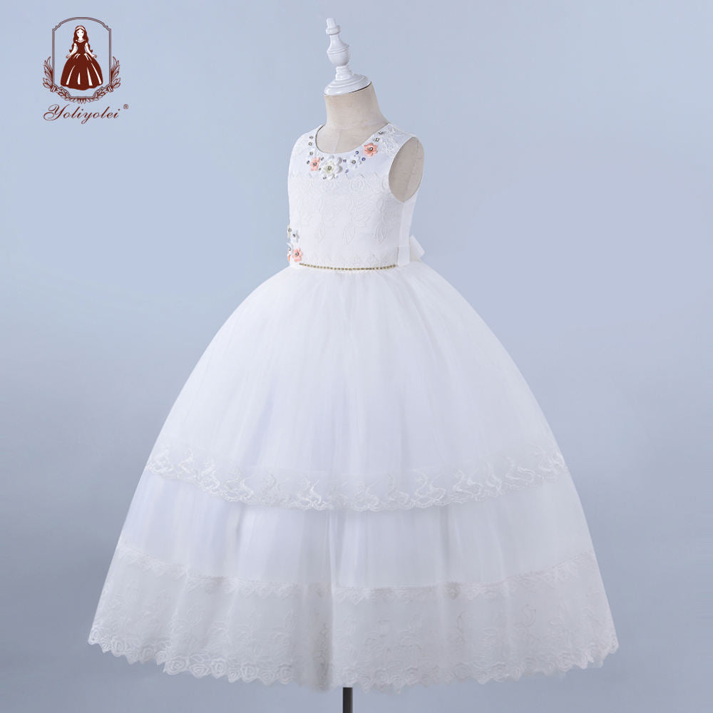 A1-142 Free Sample Summer Children Clothes White Lace Long Daisy Flower Girl Toddler Princess Party Dress With Diamond