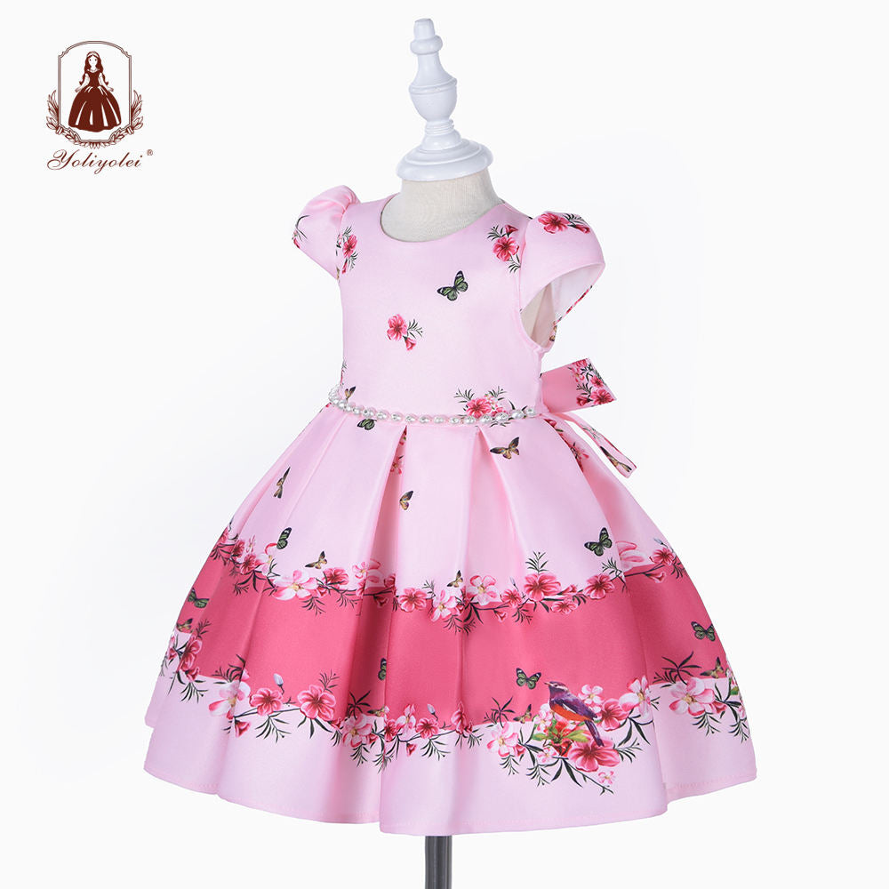 B19-774 Baby Wholesalers Princess Daily Life Short Sleeve Crew Neck Pink Evening Party Baby Girl Dresses