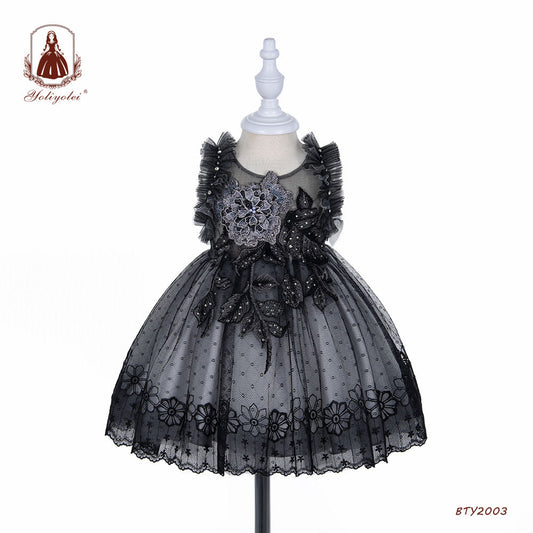 BTY2008 Wholesalers Princess Elegant Sleeveless Crew Neck Layered Black Party Baby Girl Dresses