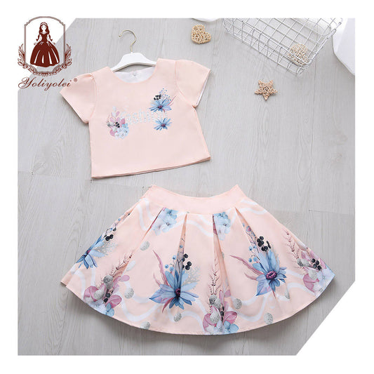 W8324 Summer Kids Clothing Short Sleeve Pink O-Neck 2 Pieces Top + Skirt Lovely Polyester Girl Clothing Set With Flower Printed